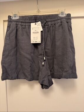NWT Zara Charcoal Elastic Waist Drawstring Linen Blend Shorts